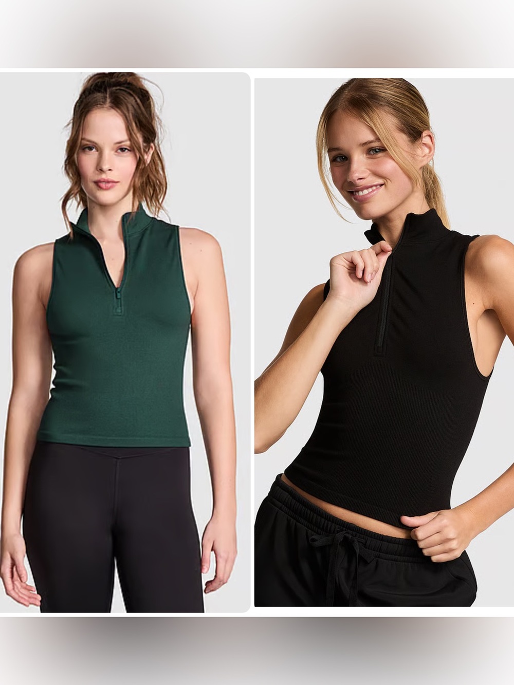 *Lot of 2* PINK Seamless Half-Zip Cropped Tank Top Black & Forest Green Size XS